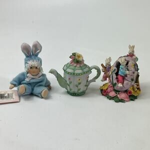 Set of 3 Mini Easter Figurines Bunny Doll Teapot Hinged Egg Floral Spring Decor